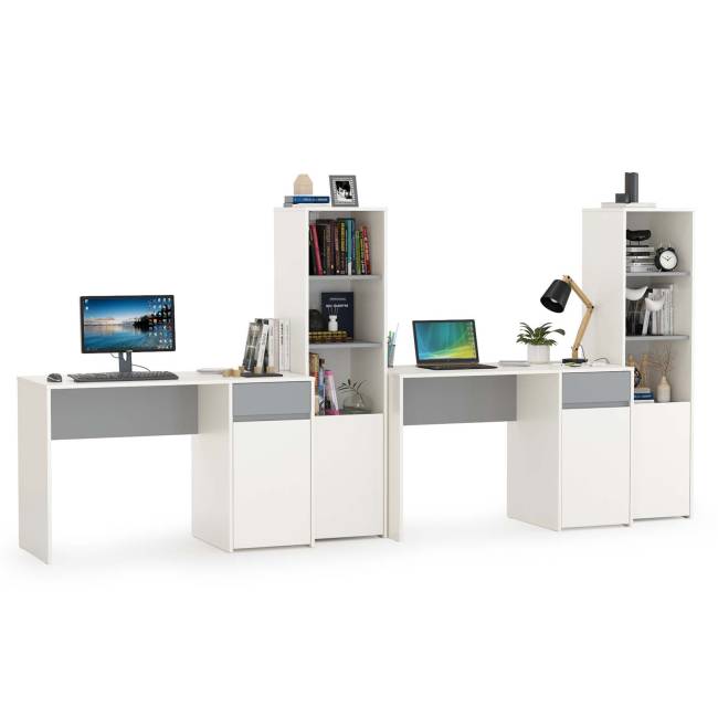 Письменные столы со стеллажами для двоих детей Торонто цвет белый шагрень/стальной серый