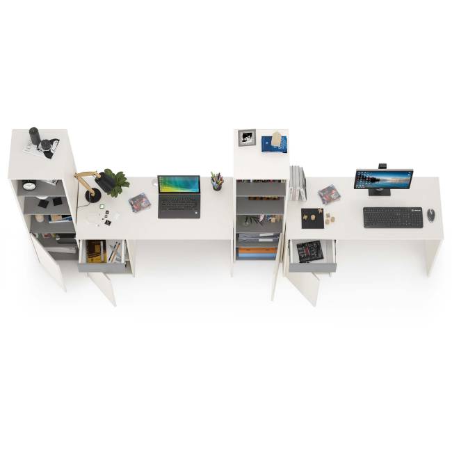 Письменные столы со стеллажами для двоих детей Торонто цвет белый шагрень/стальной серый