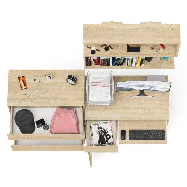 Комод четыре ящика Мори 800-4 со столом компьютерным с тумбой слева и полкой 900 цвет дуб сонома