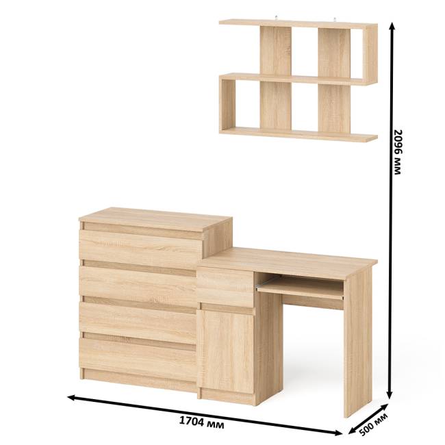 Комод четыре ящика Мори 800-4 со столом компьютерным с тумбой слева и полкой 900 цвет дуб сонома