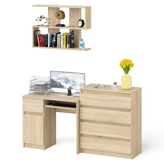 Комод четыре ящика Мори 800-4 со столом компьютерным с тумбой слева и полкой 900 цвет дуб сонома
