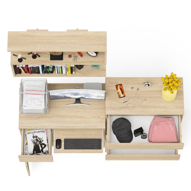 Комод четыре ящика Мори 800-4 со столом компьютерным с тумбой слева и полкой 900 цвет дуб сонома