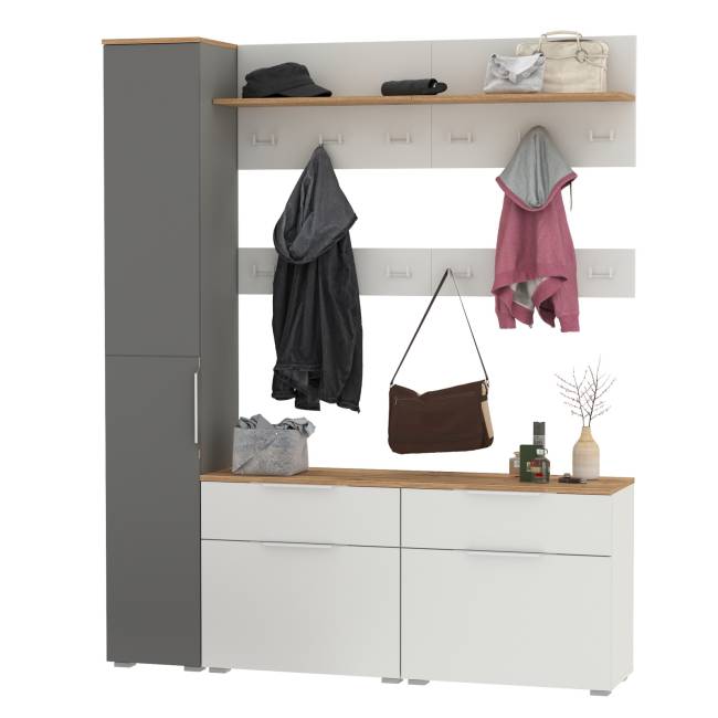 Мебель для узкой прихожей Октава № 52 цвет белый шагрень/серый графит/дуб крафт золотой