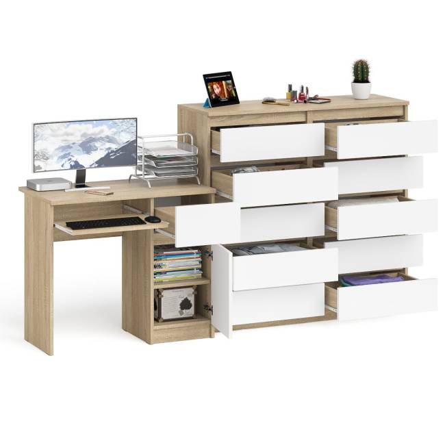 Комод большой МК1200 10-ть ящиков Мори и стол компьютерный МС-1 правый цвет дуб сонома/белый