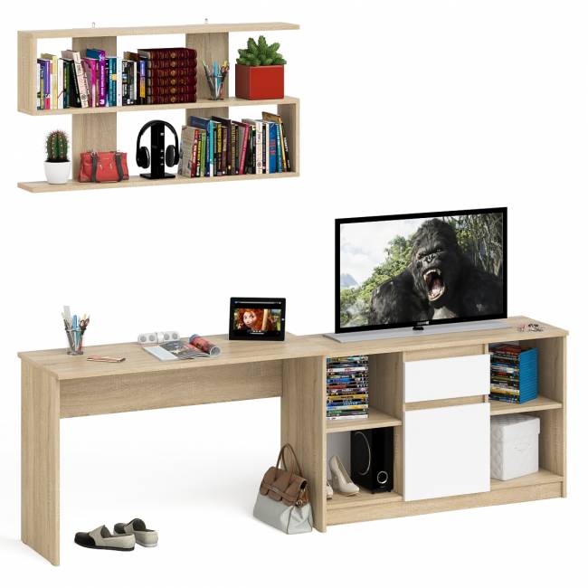 Тумба большая с дверками и нишами с письменным столом Мори и верхней полкой на 1200 цвет дуб сонома/белый