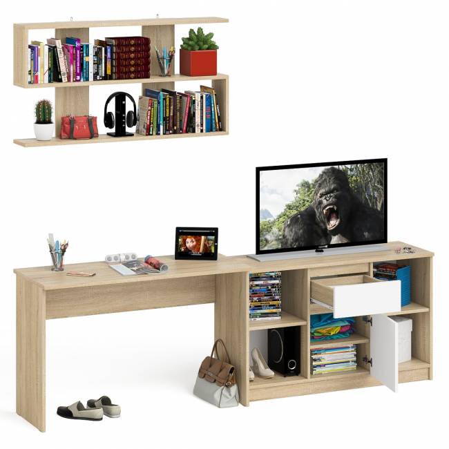 Тумба большая с дверками и нишами с письменным столом Мори и верхней полкой на 1200 цвет дуб сонома/белый