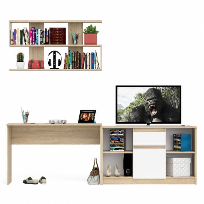 Тумба большая с дверками и нишами с письменным столом Мори и верхней полкой на 1200 цвет дуб сонома/белый