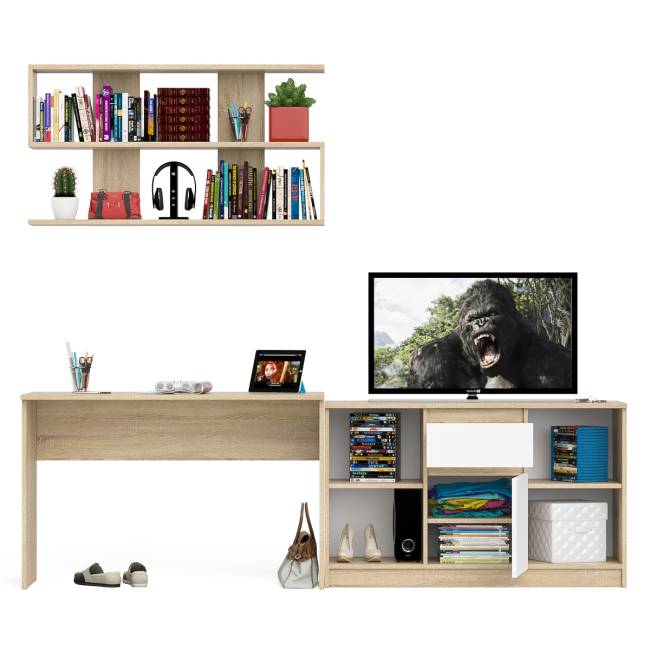 Тумба большая с дверками и нишами с письменным столом Мори и верхней полкой на 1200 цвет дуб сонома/белый