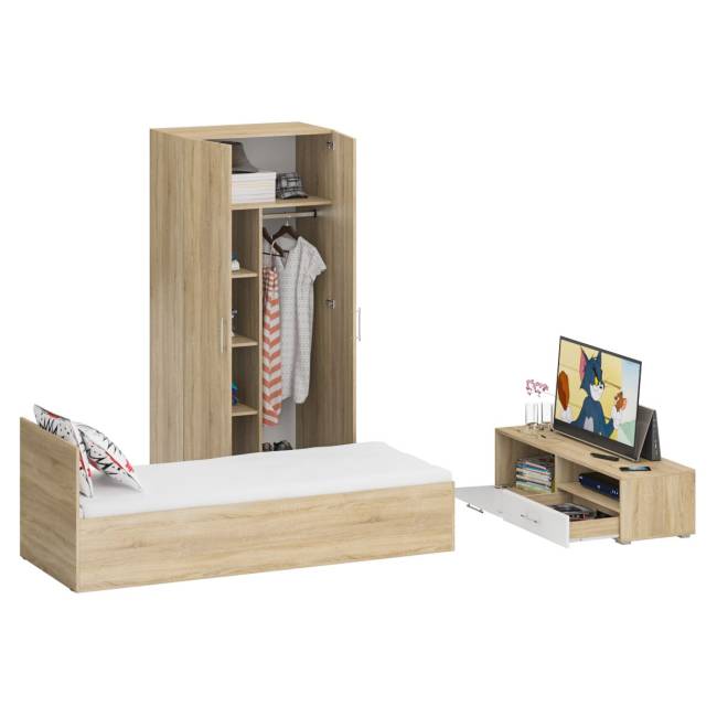 Спальня Стандарт № 3 с кроватью 800 цвет дуб сонома/фасады ТВ тумбы МДФ белый глянец