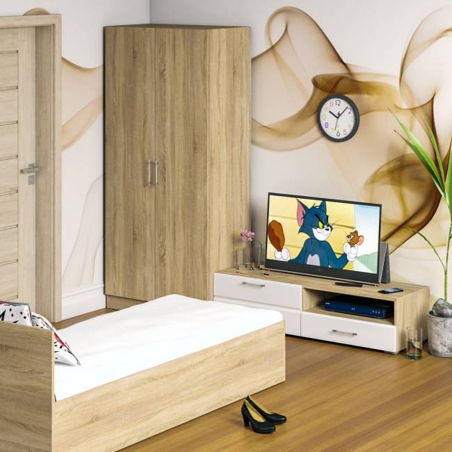 Спальня Стандарт № 3 с кроватью 800 цвет дуб сонома/фасады ТВ тумбы МДФ белый глянец