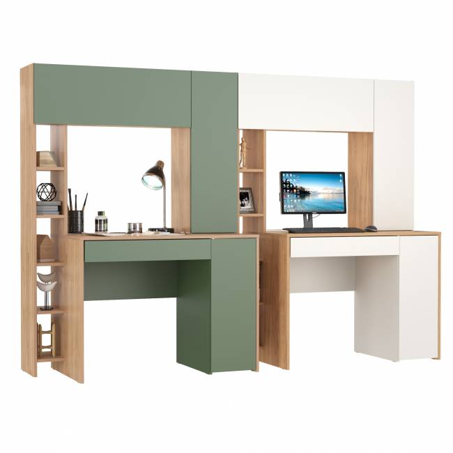 Комплект из рабочих столов Комфорт 12.71 цвет гикори рокфорд натуральный/дымчатый зелёный/дуб золотой/белый