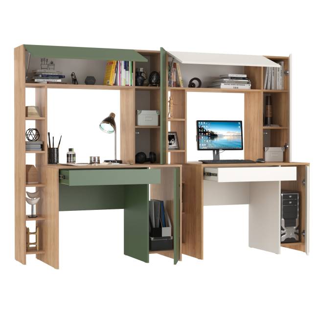 Комплект из рабочих столов Комфорт 12.71 цвет гикори рокфорд натуральный/дымчатый зелёный/дуб золотой/белый