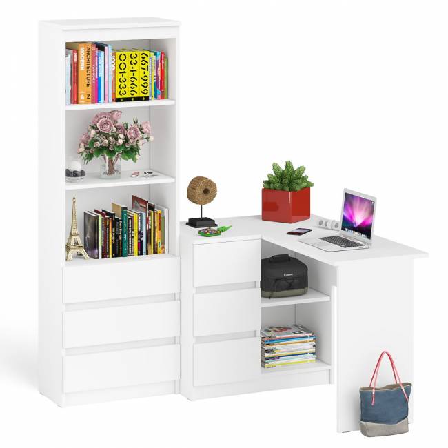 Стеллаж-комод Мори МСТ600 3 ящика и стол угловой компьютерный МС-16 левый цвет белый