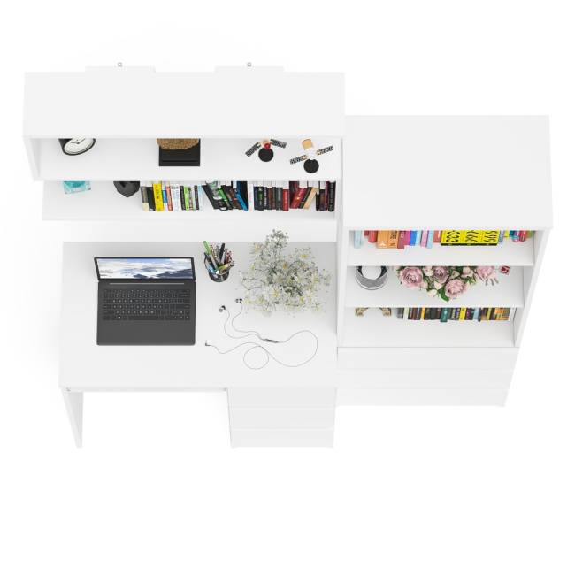 Рабочий стол Мори МС-6 правый с открытой полкой и стеллаж-комод МСТ600.3 цвет белый