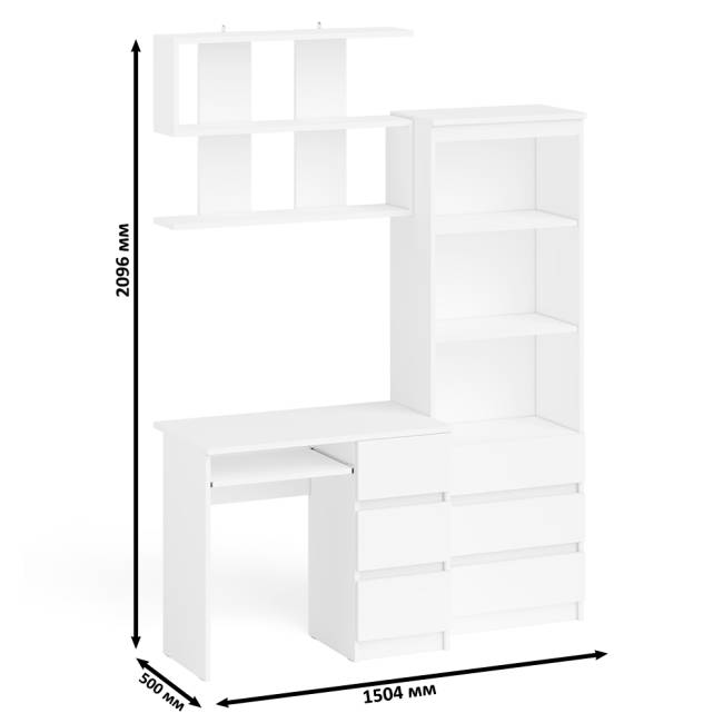 Рабочий стол Мори МС-6 правый с открытой полкой и стеллаж-комод МСТ600.3 цвет белый