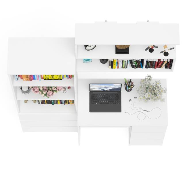 Рабочий стол Мори МС-6 правый с открытой полкой и стеллаж-комод МСТ600.3 цвет белый