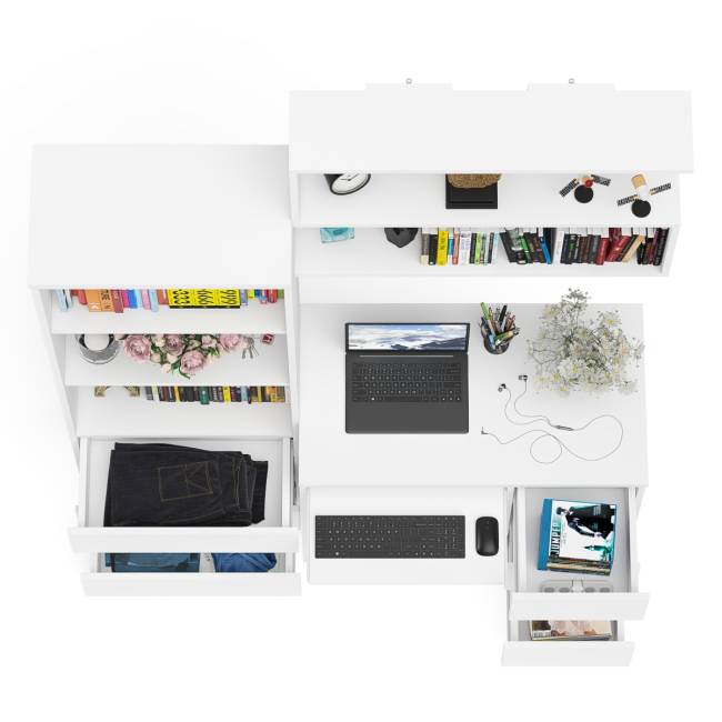 Рабочий стол Мори МС-6 правый с открытой полкой и стеллаж-комод МСТ600.3 цвет белый