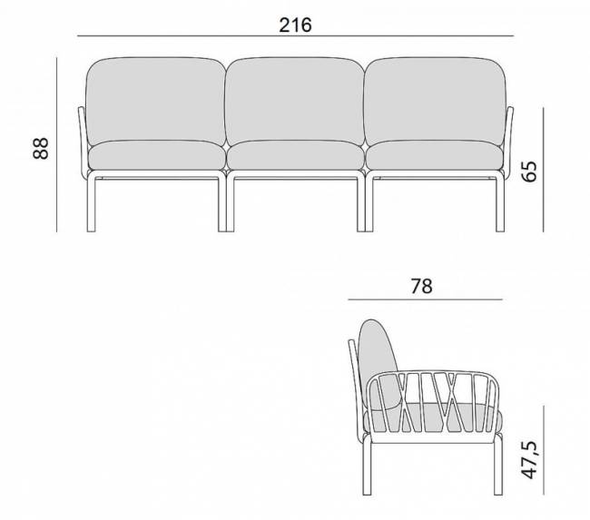 Диван пластиковый с подушками Komodo 3 белый, джунгли 2160х780х880 мм Диван пластиковый с подушками Komodo 3 белый, джунгли 2160х780х880 мм