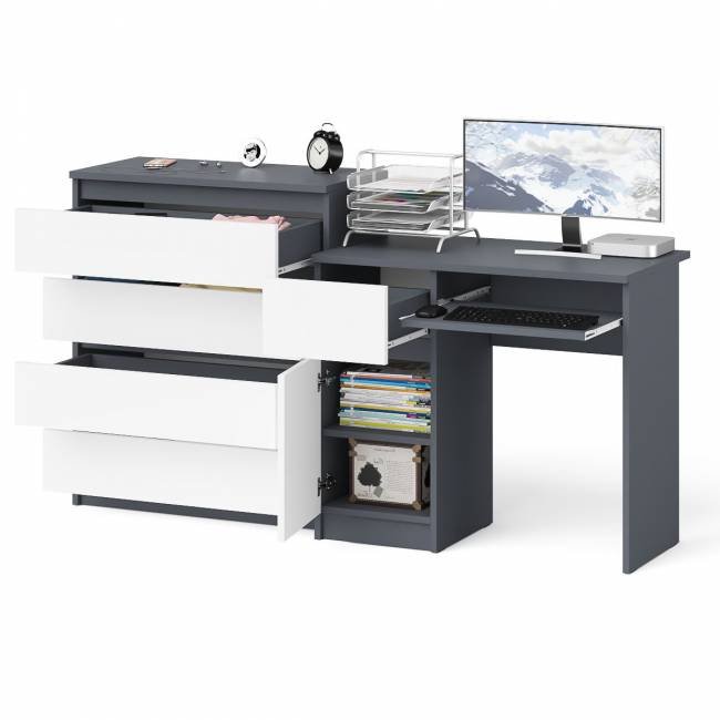 Стол компьютерный Мори МС1 левый с комодом 4-ре ящика цвет графит/белый