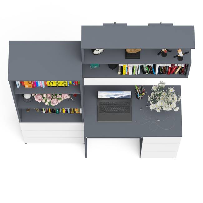 Рабочий стол Мори МС-6 правый с открытой полкой и стеллаж-комод МСТ600.3 цвет графит/белый
