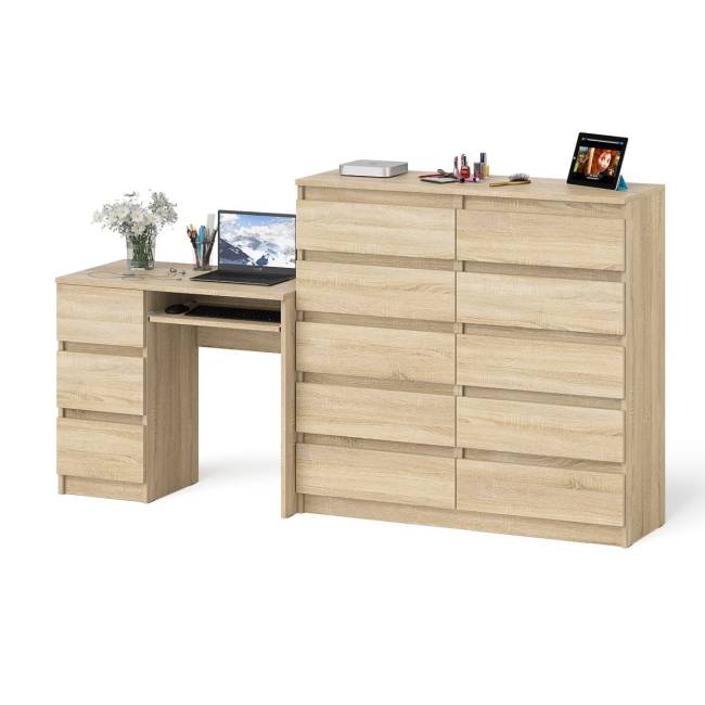 Компьютерный стол с тремя выдвижными ящиками левый с комодом 10-ть ящиков Мори цвет дуб сонома