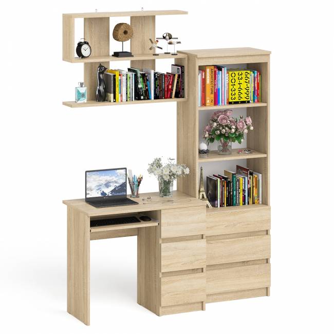 Рабочий стол Мори МС-6 правый с открытой полкой и стеллаж-комод МСТ600.3 цвет дуб сонома