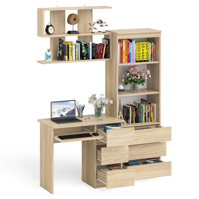 Рабочий стол Мори МС-6 правый с открытой полкой и стеллаж-комод МСТ600.3 цвет дуб сонома