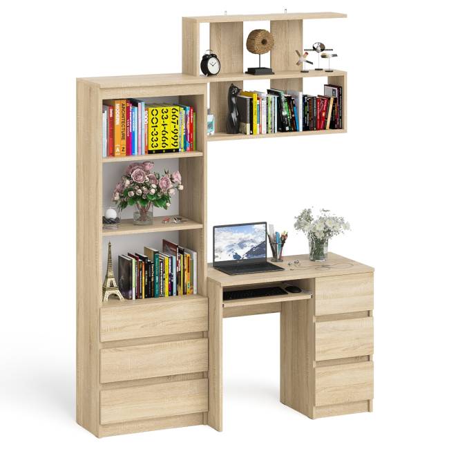 Рабочий стол Мори МС-6 правый с открытой полкой и стеллаж-комод МСТ600.3 цвет дуб сонома