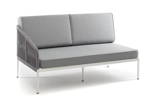 "Канны" правый модуль плетеный из роупа, каркас алюминий белый шагрень, роуп светло-серый круглый, ткань светло-серая "Канны" правый модуль плетеный из роупа, каркас алюминий белый шагрень, роуп светло-серый круглый, ткань светло-серая