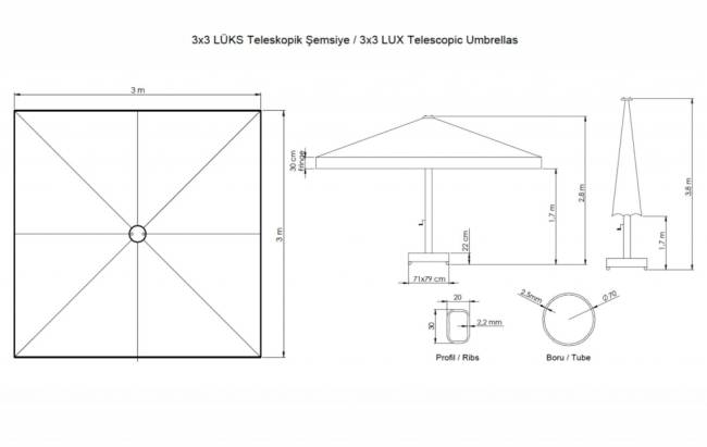 Зонт профессиональный 3х3 м Lux Telescopic 3000х3000 мм Зонт профессиональный 3х3 м Lux Telescopic 3000х3000 мм