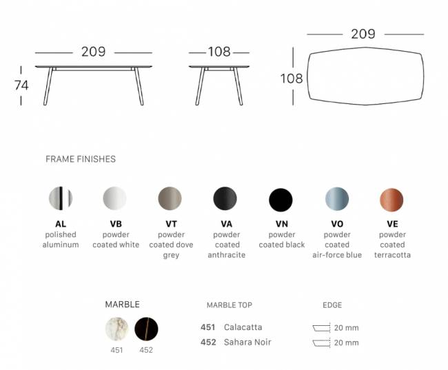 Стол мраморный Squid M алюминиевый, белый мрамор Калакатта 2090х1080х740 мм