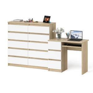Компьютерный стол с тремя выдвижными ящиками левый с комодом 10-ть ящиков Мори цвет дуб сонома/белый