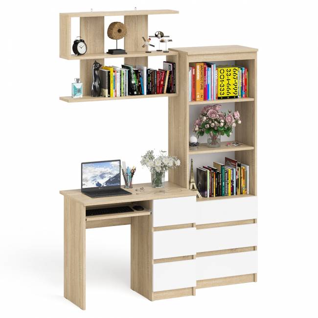 Рабочий стол Мори МС-6 правый с открытой полкой и стеллаж-комод МСТ600.3 цвет дуб сонома/белый
