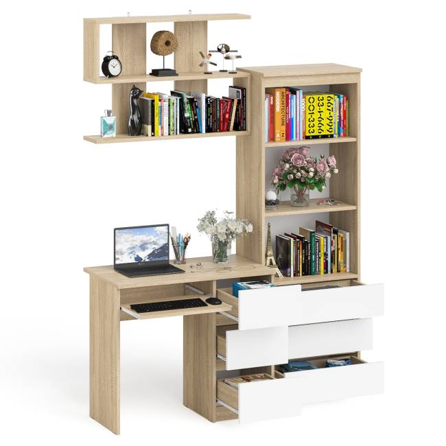 Рабочий стол Мори МС-6 правый с открытой полкой и стеллаж-комод МСТ600.3 цвет дуб сонома/белый
