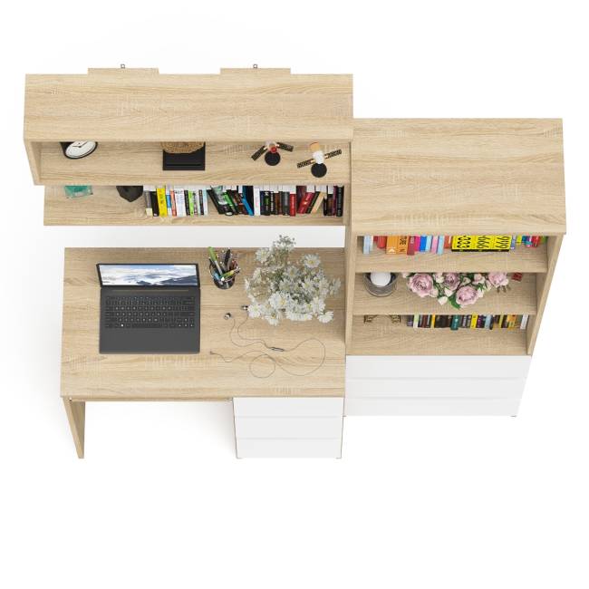 Рабочий стол Мори МС-6 правый с открытой полкой и стеллаж-комод МСТ600.3 цвет дуб сонома/белый