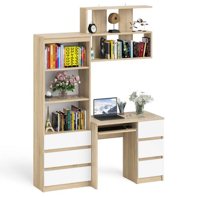 Рабочий стол Мори МС-6 правый с открытой полкой и стеллаж-комод МСТ600.3 цвет дуб сонома/белый