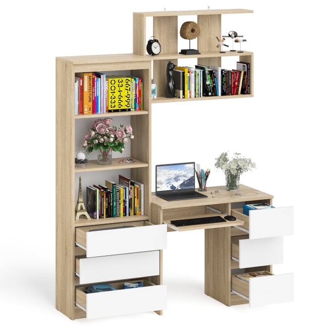 Рабочий стол Мори МС-6 правый с открытой полкой и стеллаж-комод МСТ600.3 цвет дуб сонома/белый