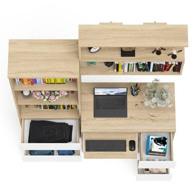 Рабочий стол Мори МС-6 правый с открытой полкой и стеллаж-комод МСТ600.3 цвет дуб сонома/белый