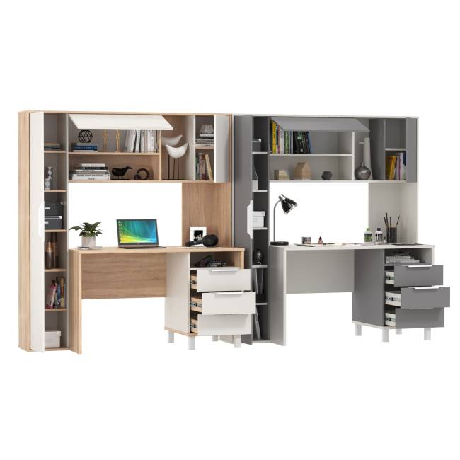 Два стола компьютерных с тумбой три ящика Комфорт 12.95N цвет дуб сонома/белый/белый премиум/серый шифер