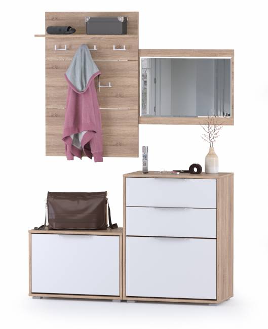 Две обувницы с зеркалом и вешалкой для одежды Куба цвет дуб сонома/белый премиум