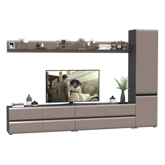 Две тумбы для телевизора с двумя верхними полочками и шкаф с дверками Сидней цвет антрацит/МДФ веллюто капучино