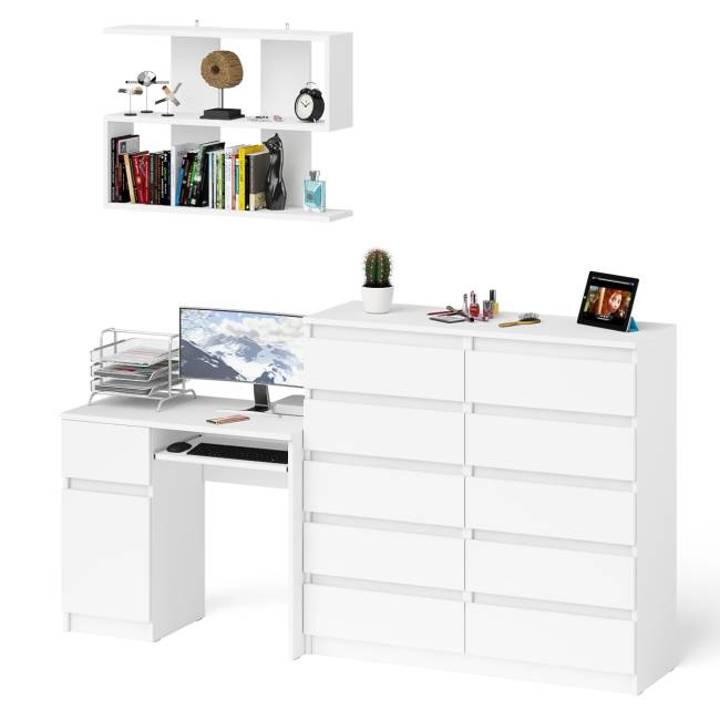 Комод 10-ть ящиков Мори МК1200.10 с компьютерным столом МС-1 левый и полкой цвет белый