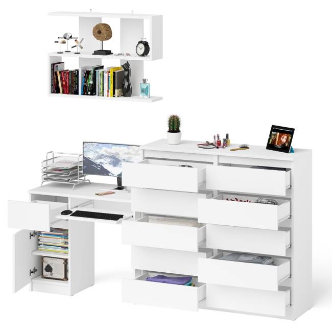 Комод 10-ть ящиков Мори МК1200.10 с компьютерным столом МС-1 левый и полкой цвет белый