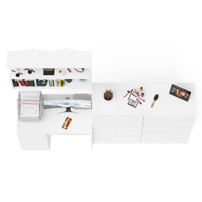 Комод 10-ть ящиков Мори МК1200.10 с компьютерным столом МС-1 левый и полкой цвет белый