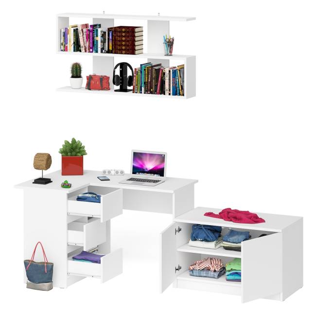 Угловой компьютерный стол Мори МС-16 левый с тумбой две двери МА900.1 и широкой полкой 1200 цвет белый