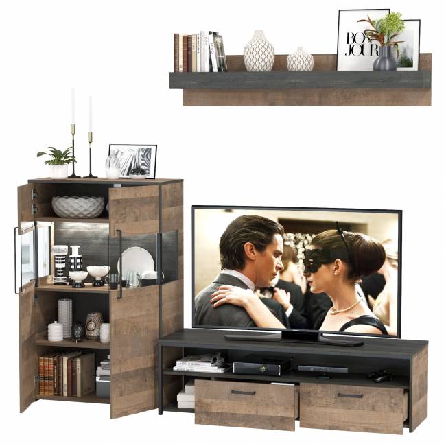 Тумба для техники и ТВ с навесной полкой и комод с витриной с подсветкой Трувор цвет дуб гранж песочный/интра