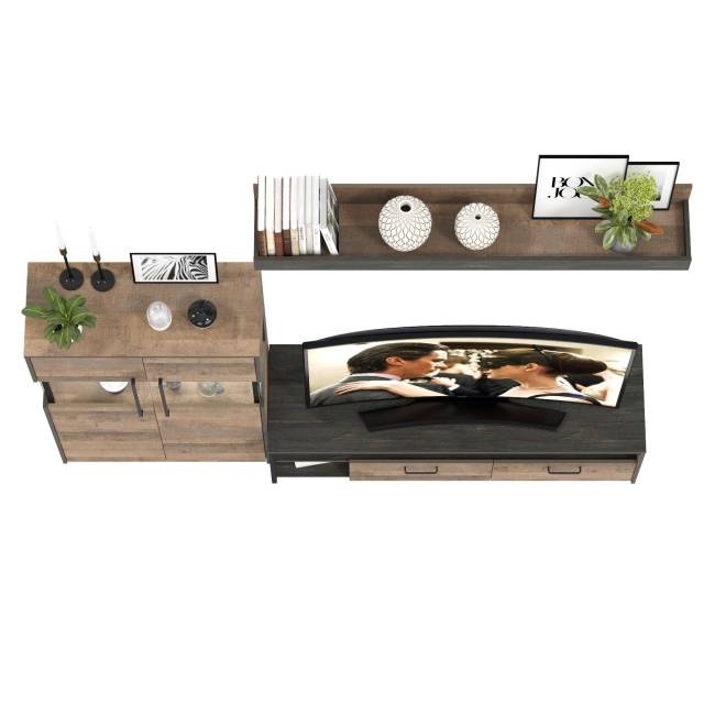 Тумба для техники и ТВ с навесной полкой и комод с витриной с подсветкой Трувор цвет дуб гранж песочный/интра