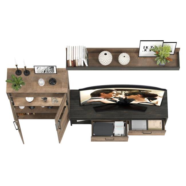 Тумба для техники и ТВ с навесной полкой и комод с витриной с подсветкой Трувор цвет дуб гранж песочный/интра