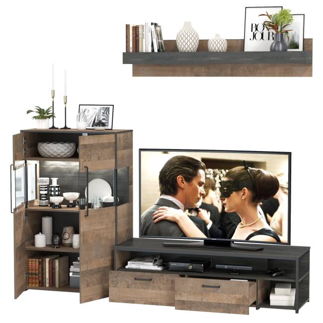 Тумба для техники и ТВ с навесной полкой и комод с витриной с подсветкой Трувор цвет дуб гранж песочный/интра