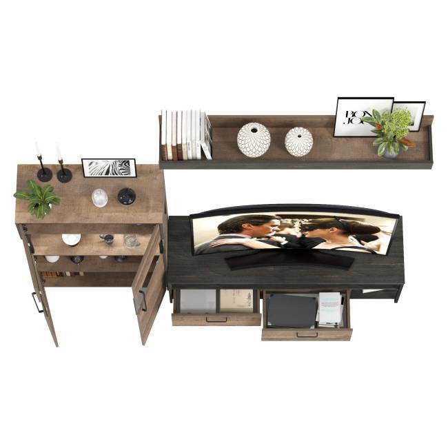 Тумба для техники и ТВ с навесной полкой и комод с витриной с подсветкой Трувор цвет дуб гранж песочный/интра